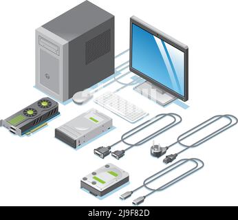 Isometrische Computer Teile Sammlung mit Monitor-Grafikkarte Laufwerke Kabel Drähte Tastatur Maus Systemeinheit isoliert Vektor-Illustration Stock Vektor