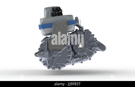 Isometrische Darstellung des Elektrofahrzeugmotors, 3D Rendering isoliert auf weißem Hintergrund Stockfoto