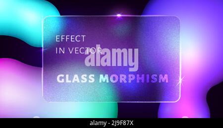 Glassmorphismus-Vektor-Effekt mit transparenter Karte oder Rahmen auf buntem Fluidgradient. Glas Morphismus auf Neon verwischen futuristischen lila Hintergrund. Mattiertes Acryl, Plexiglas Mate Platte rechteckige Form. Stock Vektor