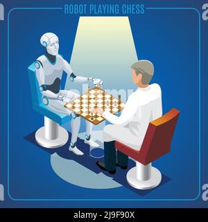 Isometrische künstliche Intelligenz Technologie Konzept des Roboters spielen Schach mit Wissenschaftler isolierte Vektor-Illustration Stock Vektor