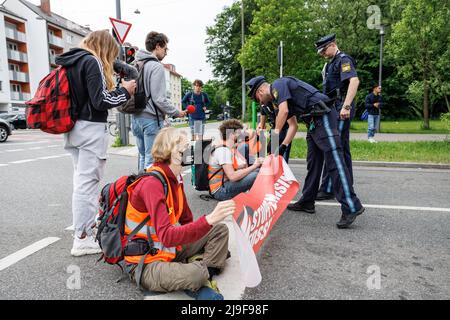 München, Deutschland. 23.. Mai 2022. Polizisten tragen einen Aktivisten der Gruppe „Letzte Generation“ von der Straße. Zuvor hatten die Aktivisten einen Ausstieg aus dem Mittleren Ring in die Hände geklebt. Quelle: Matthias Balk/dpa/Alamy Live News Stockfoto