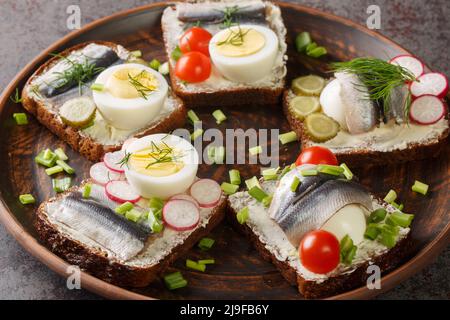 Offene Roggenbrot-Sandwiches mit Butter, Sprotte-Filet, Eier, verschiedene Gemüse in der Nähe in einem Teller auf dem Tisch. Horizontal Stockfoto