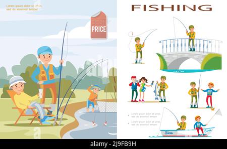 Flache Angelschablone mit Menschen fangen Fische im See mit Angelrute und Fischnetz und Fischer in verschiedenen Situationen Vektor Abbildung Stock Vektor