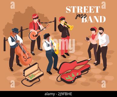 Isometrische Straßenmusiker Hintergrundkomposition mit menschlichen Charakteren des Jazz Bandmitglieder mit Listenern und Textvektordarstellung Stock Vektor
