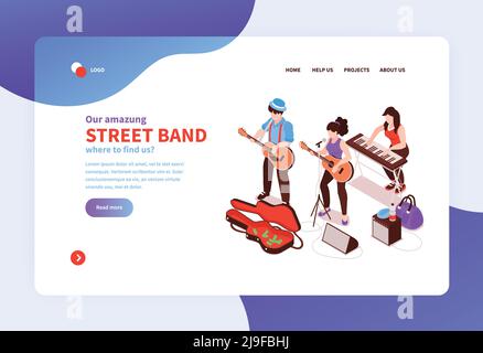 Isometrisches Straßenmusiker-Konzept Banner Website Landing Page Design Mit Bildern Text und anklickbaren Links Vektordarstellung Stock Vektor