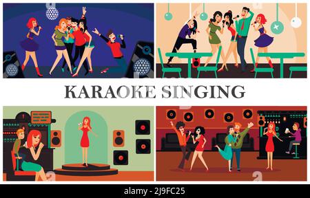 Flat Karaoke Party bunte Komposition mit glücklichen Männern und Frauen Singen Karaoke in Club Vektor Illustration Stock Vektor