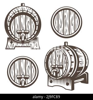 Set von Vintage Holzfässer in verschiedenen Verkürzungen. Monochromer Stil. Isoliert auf weißem Untergrund Stock Vektor