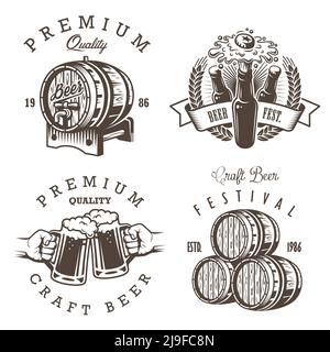 Set von Vintage-Bierbrauerei Embleme, Etiketten, Logos, Abzeichen und gestaltete Elemente. Monochromer Stil. Isoliert auf weißem Hintergrund Stock Vektor