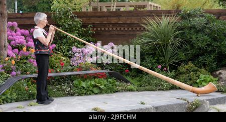 Royal Hospital, Chelsea, London, Großbritannien. 23 Mai 2022. Die RHS Chelsea Flower Show öffnet für die Presse zurück in seinem normalen Early Summer Slot läuft vom 24-28. Mai. Bild: Ein Swiss Sanctuary Show Garden mit Alpenhorn-Spieler in traditioneller schweizer Kleidung. Quelle: Malcolm Park/Alamy Live News. Stockfoto