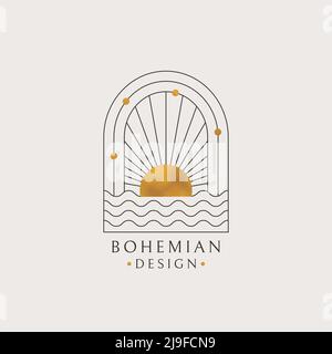 Boho-Logo. Vektor isoliert Bohemien Design mit Sonne und Wellen des Ozeans. Trendiges Linienemblem mit goldener Textur. Stock Vektor