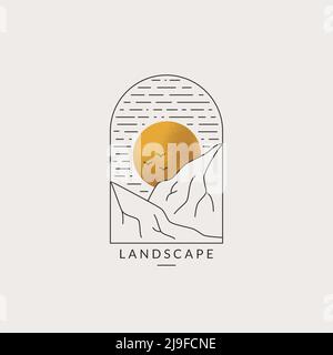 Logo im Landscape-Design. Linienemblem mit Bergen und Sonne. Trendiges Design für Reisebüros, Öko-Tourismus, Outdoor-Resort, Glamping oder andere Themen. Stock Vektor