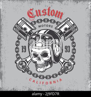 Vintage Motorrad Print mit Totenkopf im Motorradhelm und gekreuzten Kolben auf grange Hintergrund. Stock Vektor