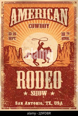 Amerikanisches Cowboy-Rodeo-Poster mit Typografie und Vintage-Papiertextur Stock Vektor