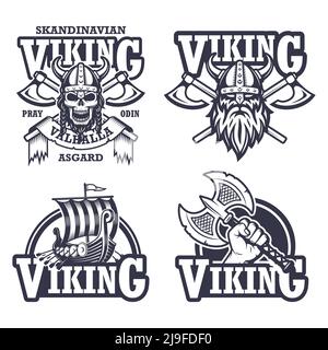 Set von wikinger-Emblemen, Etiketten und Logos. Monochromer Stil Stock Vektor