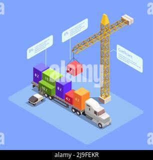 Ladetransport isometrische Zusammensetzung mit Kranbeladung bunte Container 3d vektorgrafik Stock Vektor