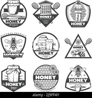 Vintage monochrome Honigetiketten Set mit Bienenstock Imker Sticks Biene Blumen Gläser Waben isoliert Vektor Illustration Stock Vektor