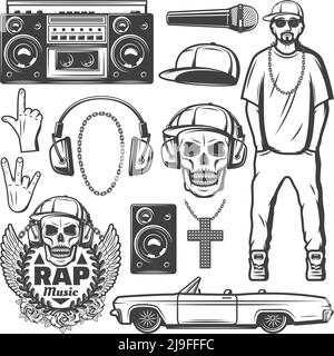 Vintage Rap Musik Elemente Kollektion mit Rapper Boombox Mikrofon Kappe Kette Halskette Lautsprecher Auto Schädel Label Kopfhörer isoliert Vektor illustrr Stock Vektor