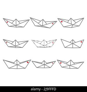 Satz von Vektor-Illustrationen von Papierboot-Ikonen mit winzigen Herzen. Skizzieren Sie einfache Papierboot isoliert auf weißem Hintergrund. Symbol Symbol für Reisen und se Stock Vektor