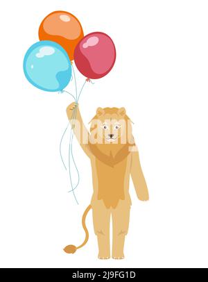 Löwe hält Ballons. Tier im Cartoon-Stil. Stock Vektor