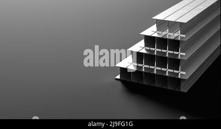 Metallprofile auf dunklem Hintergrund isoliert. Stahlprofile für die strukturelle Verstärkung. 3D Abbildung Stockfoto