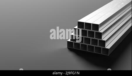 Metallprofile auf dunklem Hintergrund isoliert. Stahlprofile für die strukturelle Verstärkung. 3D Abbildung Stockfoto