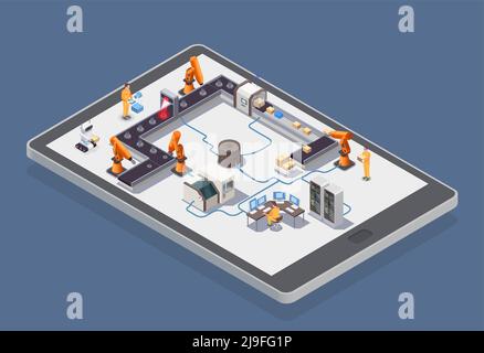 Intelligente isometrische Zusammensetzung der Industrie mit automatisierten Robotern, die in der Fabrik arbeiten isometrische 3D-Vektordarstellung Stock Vektor