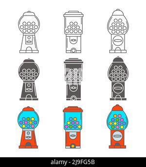 Icon-Set für Gummiball-Maschine. Retro-Automaten für Bonbons und Bubblegums. Sweets slot Vektor-Illustration isoliert auf weißem Hintergrund Stock Vektor