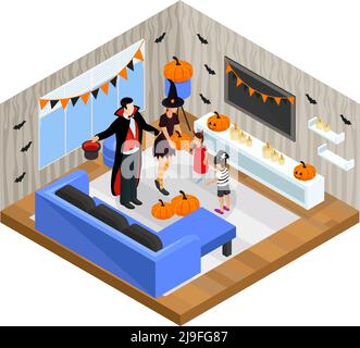 Isometrische Happy Halloween Feier Konzept mit Familie tragen festliche Kostüme Feiern Sie Urlaub zu Hause isoliert Vektor-Illustration Stock Vektor