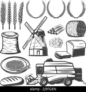 Vintage Landwirtschaft Elemente mit Weizenohren bekränzt Heumehl gesetzt Brot Pasta Windmühle kombinieren Harvester isoliert Vektor-Illustration Stock Vektor