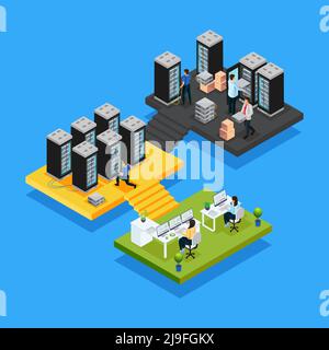 Isometrisches Rechenzentrumskonzept mit Frauen im Büro und Techniker reparieren und warten isolierte Vektordarstellung für Hosting-Server Stock Vektor