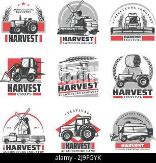 Vintage Ernte Embleme Set mit Inschriften Traktoren Mähdrescher Lader LKW Heuballen Weizen Ähren Windmühle isoliert Vektor-Illustration Stock Vektor