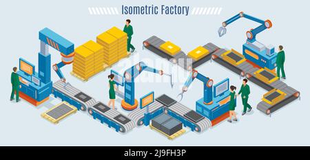 Isometrische industrielle Fabrikvorlage mit Montagelinie automatisierte Roboterarme Und Arbeiter Überwachung Förderband isoliert Vektor-Abbildung Stock Vektor