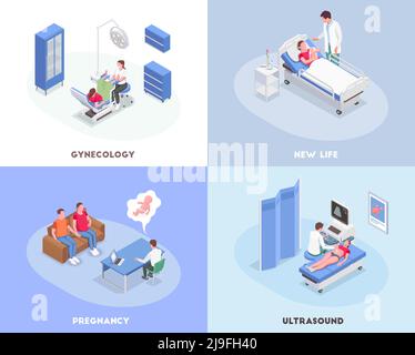 Isometrisches 2x2-Design-Konzept für die Schwangerschaft mit Beratung und Untersuchung durch einen Gynäkologen Schwangeren 3D isolierte Vektor-Illustration Stock Vektor