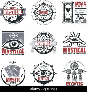 Vintage mystische spirituelle Embleme mit Inschriften Mond Sandglas Mystic gesetzt Symbole Schmuck dritte Auge Tarot-Karten isoliert Vektor-Illustration Stock Vektor
