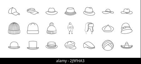 Hüte Doodle Illustration einschließlich Ikonen - Vintage Fedora, Beanie, Gentleman Bowler, Baseballmütze, Sonnenvizor, Baskenmütze, Cowboy, Eimer, Sommer panama Stock Vektor