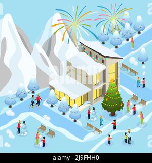 Isometrische Weihnachtsfeier Konzept mit Feuerwerk Wintersport Familie Kinder Herstellung Schneemann in der Nähe dekorierten Baum und Haus Vektor Illustration Stock Vektor