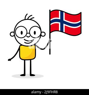 Mann hält Flagge von Norwegen isoliert auf weißem Hintergrund. Hand gezeichnete Doodle Linie Kunst Mann. Konzept des Landes. Stock Vektor