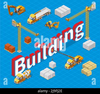 Isometrisches Industriebaukonzept mit verschiedenen Baumaterialien Kräne Beton Mischer Lastkraftwagen und Bagger isoliert Vektor illustraa Stock Vektor