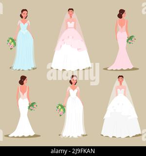 Set von Bräuten in schönen Kleidern und Frisuren mit Blumensträußen in den Händen. Vektorgrafik Stock Vektor