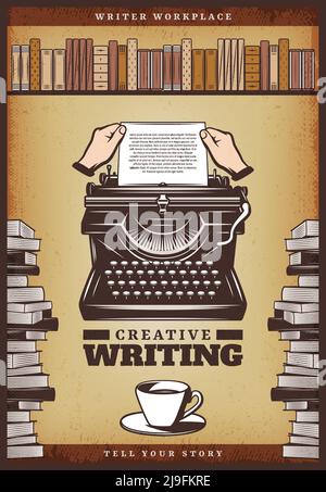 Vintage farbige Schriftsteller Poster mit Händen Papier in Schreibmaschine einlegen Kaffeetasse Bücher und Bücherregal Vektor Illustration Stock Vektor