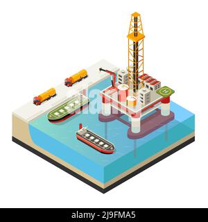 Isometrisches Wasseröl Plattformkonzept mit LKW und Schiffen für Mineralöltransport isolierte Vektordarstellung Stock Vektor