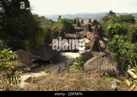 Traditionelle sumbanesische Häuser im traditionellen Dorf Praijing in Tebara, Waikabubak, West Sumba, East Nusa Tenggara, Indonesien. Stockfoto