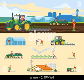 Buntes Bauernkonzept mit verschiedenen Arten von landwirtschaftlichen Saisonarbeiten Und Elemente isolierte Vektordarstellung Stock Vektor