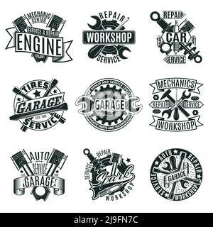 Monochrom-Auto Reparatur-Service-Logos mit mechanischen Werkzeugen und Ausrüstung im Vintage-Stil isoliert Vektor-Illustration Stock Vektor