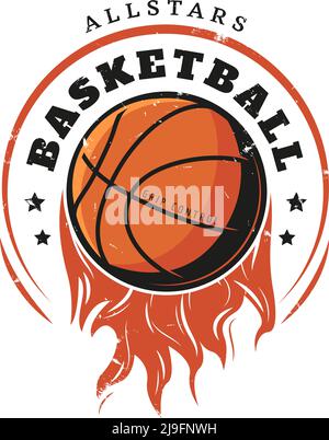 Farbige Vintage Basketball Logo-Vorlage mit Aufschrift und flammendem Ball In handgezeichneter Form isolierte Vektordarstellung Stock Vektor