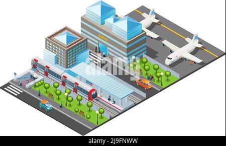 Isometrische Vorlage für öffentliche Verkehrsmittel mit Flughafen Gebäude Flugzeuge U-Bahn-Station Zug Autos Bäume und Passagiere isoliert Vektor-Illustration Stock Vektor