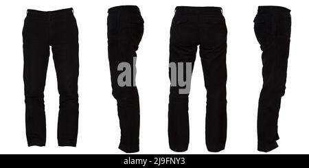 Schwarze Casual Pants-Ausschnitte in 4 Richtungen, vorne, hinten, links und rechts, weißer Hintergrund Stockfoto