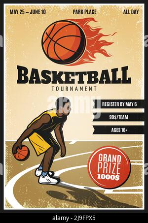 Farbiges Vintage-Basketball-Championship-Poster mit Spieler Dribbbling auf dem Platz Und Flaming Ball Vektor Illustration Stock Vektor