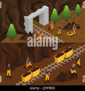 Isometrische Kohleförderung Industrie horizontale Banner mit Bergleute arbeiten in Mine und in der Nähe Eingang in Tunnel Vektorgrafik Stock Vektor