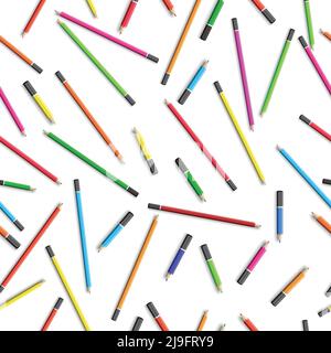 Bildung Nahtloses Muster mit bunten Bleistiften in realistischem Stil auf Vektorgrafik mit weißem Hintergrund Stock Vektor